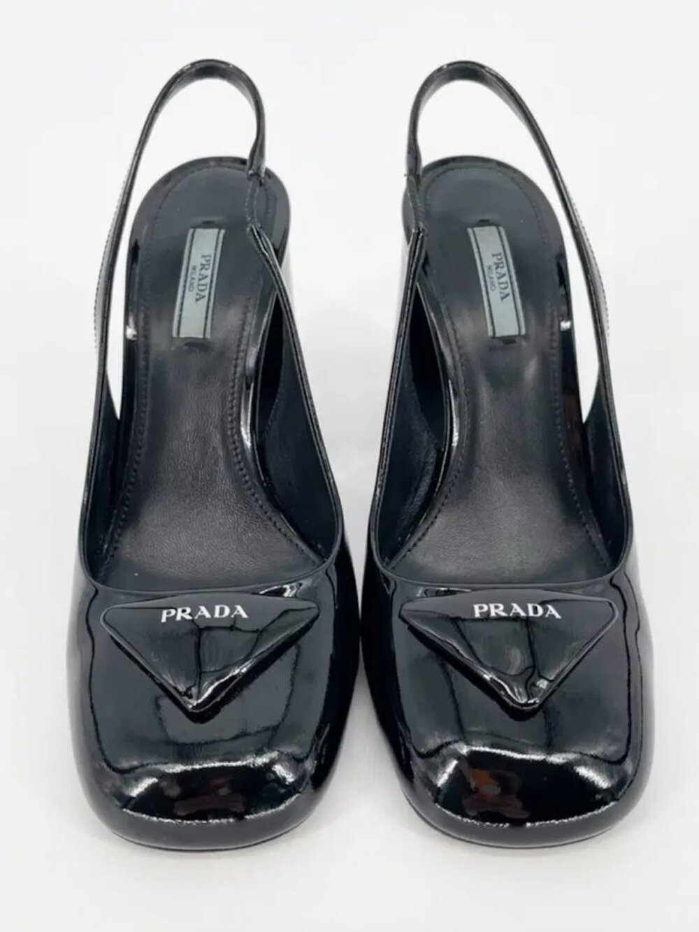 Prada Black Patent Leather Logo Slingback Heels